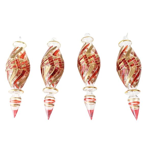 Vintage Egyptian Style Blown Gold Etched Glass Christmas Ornaments Lot of 4 Red - Picture 1 of 10